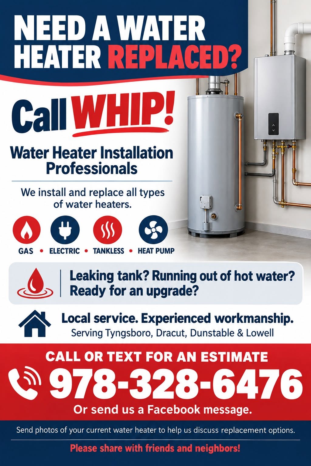 WHIP water heater installation advertisement showing gas, electric, tankless and heat pump services and contact number 978-328-6476